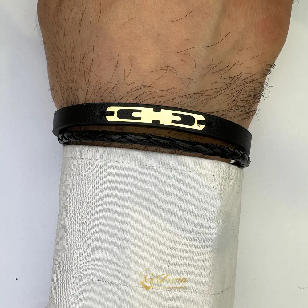 دستبند چرم و طلا مردانه