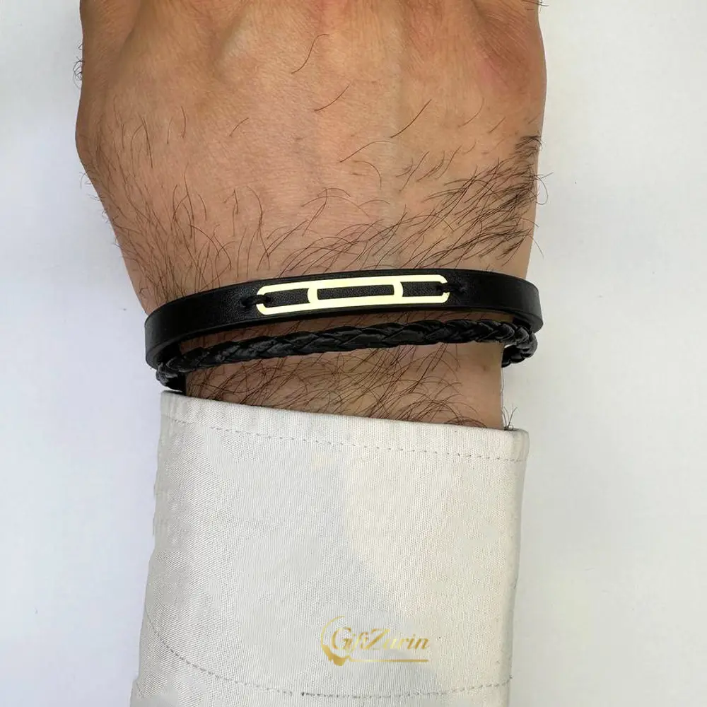 دستبند چرم و طلا مردانه
