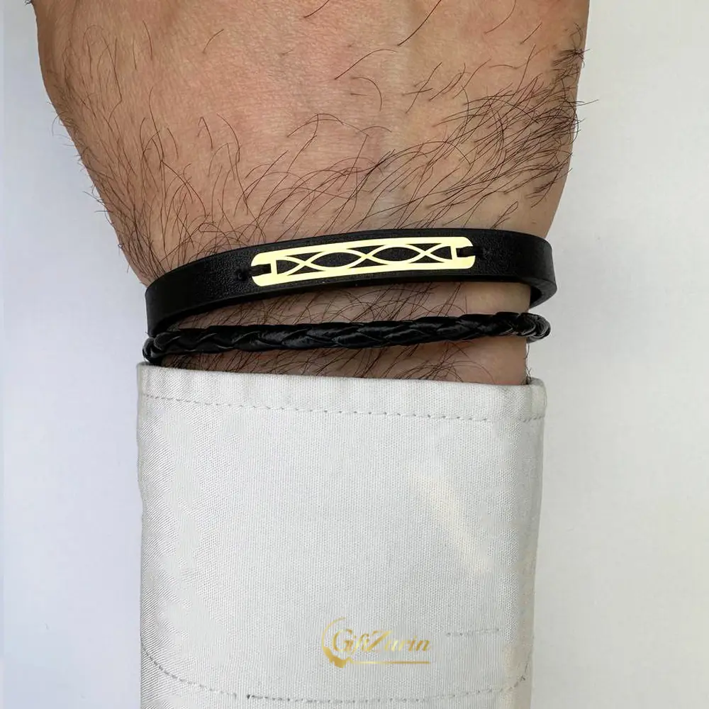 دستبند چرم و طلا مردانه