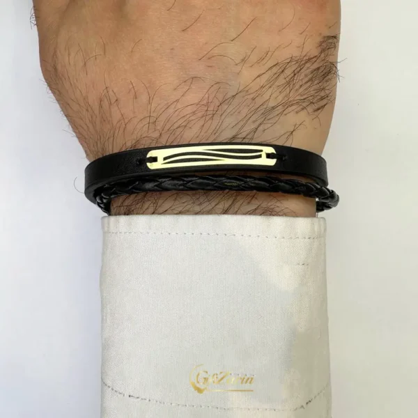 دستبند چرم و طلا مردانه